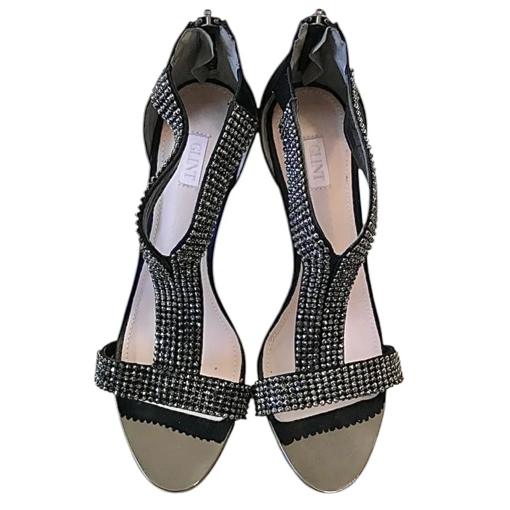 Glint Nordstrom Devyn T-Strap Stiletto Sandals Black with Rhinestones